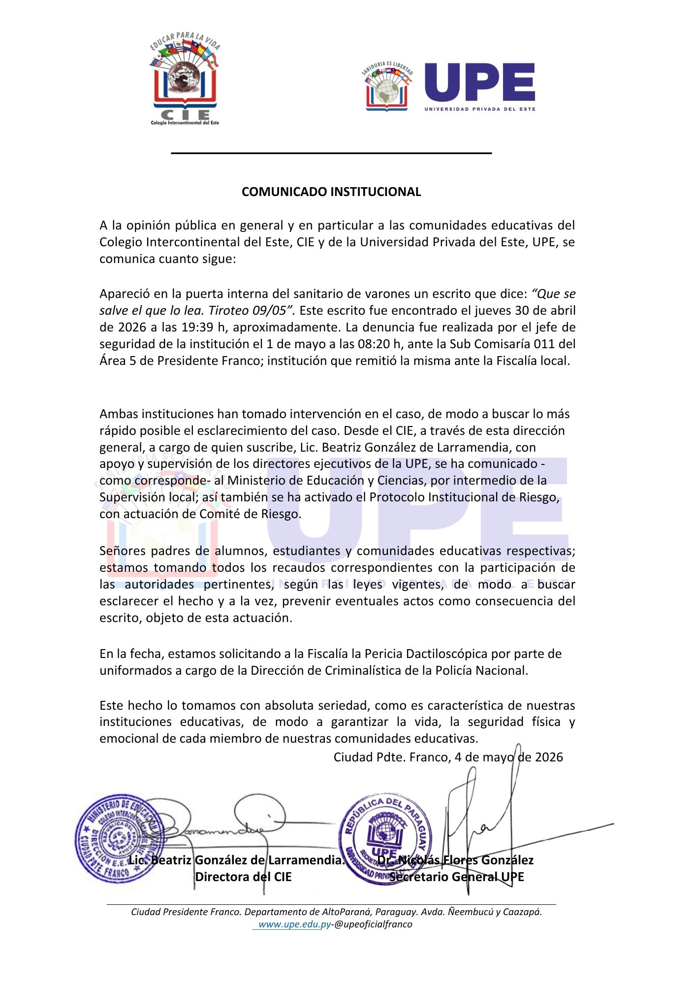 COMUNICADO INSTITUCIONAL